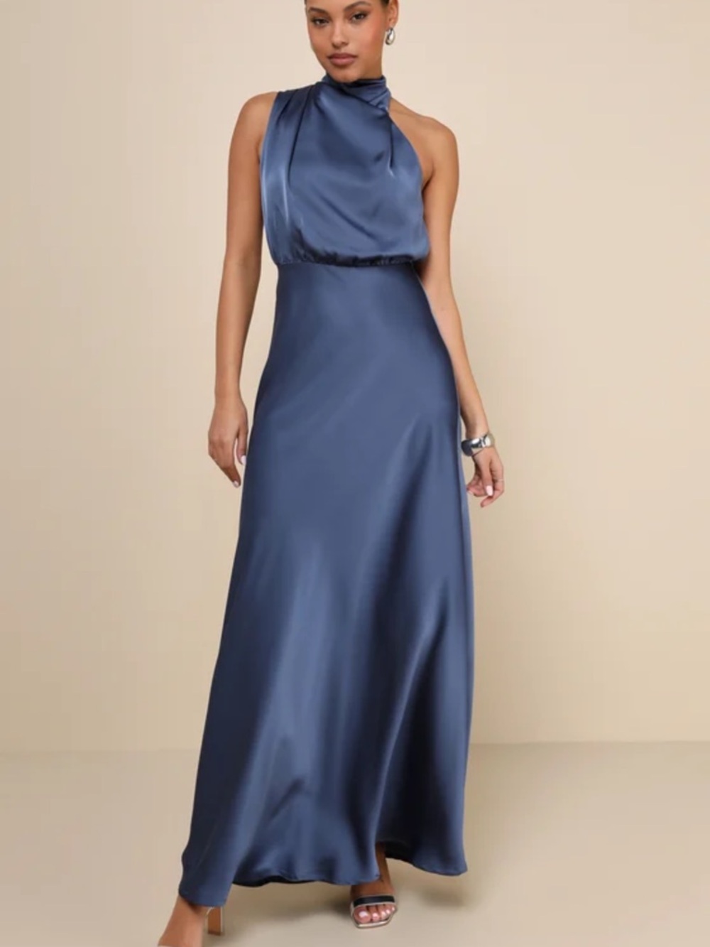 NWT Lulus Distinctive Charm Slate Blue Satin Asymmetrical Maxi Dress